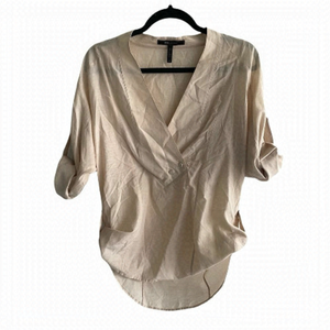 BCBGMAXAZRIA Tori Cotton Silk V-Neck Long Sleeve Popover Shirt Blouse Tan XS